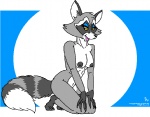 anthro biped breasts claws female kneeling looking_at_viewer markings nipples nude pose ring_(marking) ringed_tail solo striped_markings striped_tail stripes tail tail_markings joseph_ny mammal procyonid raccoon 1992 digital_media_(artwork) pinup