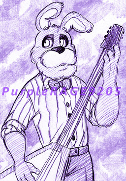 4_fingers anthro arms_bent black_nose bottomwear bow_tie buckteeth button_(fastener) clothed clothed_anthro clothed_male clothing collared_shirt dress_shirt electric_guitar fingers fully_clothed fully_clothed_anthro fully_clothed_male fur guitar holding_guitar holding_musical_instrument holding_object long_ears male musical_instrument pants plucked_string_instrument purple_background purple_body purple_bottomwear purple_bow_tie purple_clothing purple_fur purple_pants rolled_up_sleeves shirt simple_background solo standing string_instrument striped_dress_shirt teeth topwear white_eyes cageyshick05_(artist) five_nights_at_freddy's scottgames bonnie_(fnaf) lagomorph leporid mammal rabbit 2015 colored_pencil_(artwork) english_description monochrome pen_(artwork) portrait purple_and_white three-quarter_portrait traditional_media_(artwork)