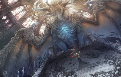 ambiguous_gender back_wings beard belt_pouch blue_eyes blue_markings bottomwear broken_window cathedral chest_markings claws cloak clothed clothed_human clothing detailed_background duo dust extreme_size_difference facial_hair feral flesh_fang footwear front_view fully_clothed fully_clothed_human glass_window glowing glowing_markings grey_body grey_cloak grey_clothing grey_hair grey_horn grey_membrane grey_scales grey_spikes grey_wings hair head_horn head_spikes horn inside larger_feral markings membrane_(anatomy) membranous_wings monotone_body monotone_scales mouth_closed pants rear_view red_scarf ruins scales scarf shoes shoulder_guards sitting size_difference smaller_human solo_focus spikes spikes_(anatomy) spread_wings stairs walking window wing_claws wings chiayeeee european_mythology mythology dragon human mammal mythological_creature mythological_scalie scalie western_dragon winged_dragon 2015 dated digital_drawing_(artwork) digital_media_(artwork) hi_res signature