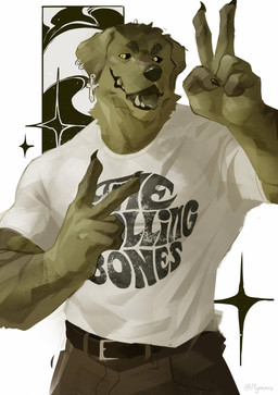 band_shirt claws clothing ear_piercing ear_ring eyebrows fur gesture hand_gesture male piercing ring_piercing shirt solo topwear v_sign itymnro the_rolling_stones squiddy_(bigsquidman) canid canine canis domestic_dog mammal absurd_res hi_res portrait