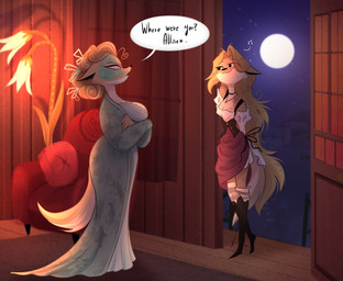 after_sex anthro clothed clothing dialogue duo female gown hair lamp messy messy_hair moon musical_note musical_symbol night partially_clothed robe symbol siliciaart in_the_burrow allison_(siliciaart) rebecca_(siliciaart) canid canine canis coyote mammal 2026 hi_res daughter_(lore) mother_(lore) mother_and_child_(lore) mother_and_daughter_(lore) parent_(lore) parent_and_child_(lore) parent_and_daughter_(lore)