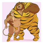 2_horns anthro arm_around_shoulders belly big_belly big_moobs black_nose bulge clothed clothing cosplay duo horn hug humanoid_hands male moobs nipples overweight overweight_male underwear manlyster urusei_yatsura lum's_father bear cougar felid feline mammal 2022 absurd_res hi_res