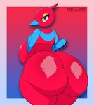 absurd_res anthro big_breasts big_butt blue_body breasts butt female generation_4_pokemon hexami hi_res huge_breasts huge_butt looking_at_viewer nintendo pokemon pokemon_(species) pokemorph porygon-z red_body solo text thick_thighs url yellow_eyes