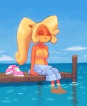 2018 activision anthro bandicoot barefoot biped blonde_hair breasts casual_exposure clothed clothing cloud coco_bandicoot crash_bandicoot_(series) denim eyes_closed feet female footwear hair kempferzero long_hair mammal marsupial navel nipples outside overalls partially_submerged pier seaside shoes sitting solo third-party_edit topless topless_female water