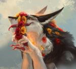 5_fingers ambiguous_gender anthro black_body black_fur deadro digital_media_(artwork) fingers flower fur hi_res looking_at_viewer open_mouth plant semi-anthro sergal simple_background solo teeth tongue white_body white_fur yellow_eyes