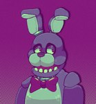 anthro black_nose bow_tie green_body half-closed_eyes long_ears looking_away machine male multicolored_body narrowed_eyes purple_background purple_body purple_bow_tie purple_ears purple_nose simple_background solo standing teeth two_tone_body datbx five_nights_at_freddy's scottgames bonnie_(fnaf) animatronic lagomorph leporid mammal rabbit robot robot_anthro 2023 digital_media_(artwork) half-length_portrait hi_res portrait