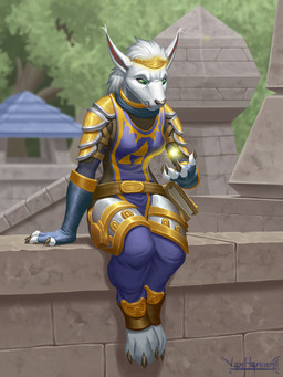 anthro armor belt book breasts brick_wall building female fur green_eyes hair looking_down magic plant sitting solo tree wall_(structure) white_body white_fur white_hair vanharmontt blizzard_entertainment warcraft canid mammal werecanid werecreature worgen 2022 digital_media_(artwork) hi_res