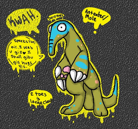 ambiguous_gender blue_body blue_tail claws green_body green_tail multicolored_body pawpads paws pink_body pink_pawpads solo tail text toony two_tone_body two_tone_tail white_claws tuxiiedos kwah_(tuxiiedos) anteater eulipotyphlan hybrid mammal mole_(animal) pilosan xenarthran 2013 character_name english_text low_res model_sheet