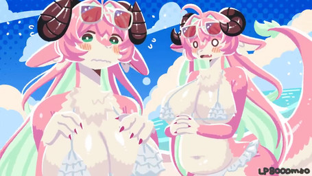 anthro beach big_breasts blush bouncing_breasts breasts claws clothing dragon_tail eyewear eyewear_on_head female hair horn multicolored_body multicolored_hair neck_tuft pink_body pink_hair skimpy_bikini slightly_chubby sunglasses sunglasses_on_head swimwear tail teal_hair tuft two-piece_swimsuit two_tone_body two_tone_hair wearing_sunglasses white_body lp8000mao mythology dragon mythological_creature mythological_scalie scalie 16:9 2d_animation animated motion_tweening no_sound short_playtime video widescreen
