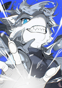anthro blue_background blue_clothing blue_eyes blue_shirt blue_topwear claws clothed clothing diamond_pupils finger_claws fur gesture grey_clothing grey_jacket grey_topwear grin grinning_at_viewer hand_gesture jacket male open_palm pawpads shirt simple_background smile smiling_at_viewer solo teeth toothy_grin topwear white_body white_fur white_sclera chiayeeee mammal unknown_species 2025 bust_portrait digital_drawing_(artwork) digital_media_(artwork) hi_res portrait signature