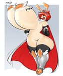 anthro big_breasts breasts clothed clothing female hair hair_over_eye huge_breasts hyper open_mouth orange_hair red_hair simple_background solo text thick_thighs persipeach clare_(themushlord) lagomorph leporid mammal rabbit absurd_res english_text hi_res