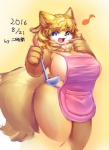 anthro apron apron_only big_breasts blonde_hair blue_eyes breasts chest_tuft cleavage clothed clothing female fur hair huge_breasts kemono kitchen_utensils ladle looking_at_viewer mostly_nude musical_note musical_symbol nipple_outline open_mouth overweight overweight_anthro overweight_female side_boob smile solo standing symbol thick_thighs tools tuft wide_hips yellow_body yellow_fur ni_jikan canid canine fox mammal