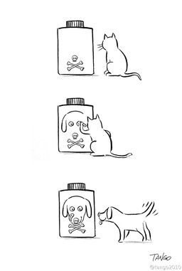 basic_sequence bone bottle container creating_art disguise drawing_(action) feral humor linear_sequence marker poison simple_background skull tail tail_motion tailwag three_frame_image three_frame_sequence tongue tongue_out toony white_background tango_gao canid canine canis domestic_cat domestic_dog felid feline felis mammal black_and_white hi_res line_art monochrome sequence signature watermark