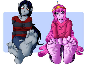 5_toes barefoot black_hair breasts clothed clothing duo fangs feet female food food_hair foot_focus grey_body hair long_hair lying not_furry pink_body pink_eyes pink_hair pseudo_hair red_eyes simple_background smile teeth toes cyborg-steve adventure_time cartoon_network marceline_abadeer princess_bubblegum candy_people_(at) food_creature humanoid vampire digital_media_(artwork) hi_res