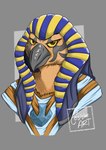 anthro beak black_outline clothed clothing egyptian egyptian_clothing egyptian_headdress facial_tattoo feathers headgear headwear looking_at_viewer male mouth_closed outline simple_background solo tattoo yellow_eyes cosisim_art egyptian_mythology middle_eastern_mythology mythology ra avian bird deity egyptian_god falcon falconid absurd_res bust_portrait digital_media_(artwork) hi_res portrait