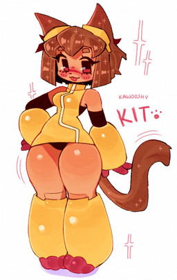 anthro blep blush breasts brown_body brown_fur brown_hair clothed clothing dress eyelashes eyewear eyewear_on_head female footprint fur goggles goggles_on_head hair hand_on_hip medium_breasts panties pawprint pupils red_eyes simple_background solo sparkles square_pupils tail text thick_thighs tongue tongue_out underwear upskirt white_background wide_hips yellow_clothing yellow_dress kawo_oshy gameoverse glitch_productions kit_bodega domestic_cat felid feline felis mammal 2026 absurd_res character_name hi_res
