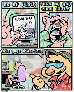 3_panel_comic aloha_shirt anthro bodily_fluids bottomwear bottomwear_down clothed clothing computer crying dialogue duo electronics eyewear floppy_ears fur hat headgear headwear humor male masturbation open_mouth open_smile pants pants_down partially_clothed pattern_clothing pattern_shirt pattern_topwear profanity shirt smile speech_bubble sunglasses sweater tan_body tan_fur tears text topwear yellow_body yellow_fur rawdawgcomics stahli_(rawdawgcomics) bird_dog canid canine canis domestic_dog golden_retriever hunting_dog mammal retriever 4:5 comic english_text