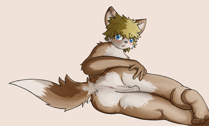 3_toes 4_fingers anthro anus backsack balls biped black_nose blonde_hair blue_eyes blush brown_body brown_fur butt dipstick_ears dipstick_tail ear_markings eye_through_hair eyebrow_through_hair eyebrows feet fingers fur genitals hair hand_on_leg hand_on_thigh looking_at_viewer lying male markings multicolored_ears multicolored_tail nude on_side open_mouth perineum pink_background presenting presenting_anus presenting_hindquarters raised_tail shota simple_background solo spread_anus spread_butt spreading tail tail_markings toes translucent translucent_hair white_body white_fur young log_(artist) canid canine canis domestic_dog mammal 2015 hi_res signature
