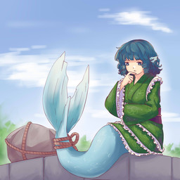 asian_clothing blue_eyes blue_hair clothed clothed_female clothing cloud day ear_fins east_asian_clothing female fin frilly frilly_clothing green_clothing green_kimono hair japanese_clothing kimono rock rope sitting sky solo split_form thinking wide_sleeves yoruny touhou wakasagihime aquatic humanoid_merfolk merfolk 1:1 2017 hi_res meme