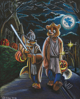 anthro black_body black_fur blue_lightsaber clothed clothing costume duo food fruit full_moon fur glistening glistening_eyes grey_hair hair head_tuft holding_lightsaber holidays jack-o'-lantern logo male male_anthro moon night open_mouth open_smile orange_body orange_eyes orange_fur outside plant pumpkin short_hair shrub smile tree tuft walking young young_anthro young_male pandapaco halloween andy_(rayskyler) canid canine mammal 2012 artist_logo dated signature traditional_media_(artwork)