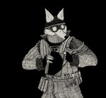 4_fingers anthro armor black_background book chrome clothing eyewear fingers gambeson gloves goggles handwear headgear helmet inner_ear_fluff male scar simple_background solo tuft vial garbagegarage colophonius_regenschein canid canine fox mammal hi_res line_art