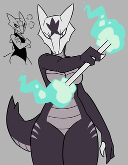 3_fingers anthro black_body black_tail blue_fire blush blush_lines bone clothing colored_fire crossed_arms facial_markings female fingers fire grey_body head_markings holding_object leotard looking_at_viewer markings nude open_mouth simple_background solo spines tail teal_eyes teal_fire white_sclera nerdyreindeer nintendo pokemon alolan_form alolan_marowak generation_7_pokemon pokemon_(species) regional_form_(pokemon) 2026 hi_res