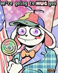 abstract_background american_flag anthro bow_tie candy closed_smile clothing dessert ears_down eyelashes food fur hat headgear headwear lollipop looking_at_viewer male mouth_closed pivoted_ears propeller_hat purple_eyes smile solo suit text united_states_of_america white_body white_fur rawdawgcomics bingus_(rawdawgcomics) jd_vance lagomorph leporid mammal rabbit 2025 digital_media_(artwork) english_text portrait
