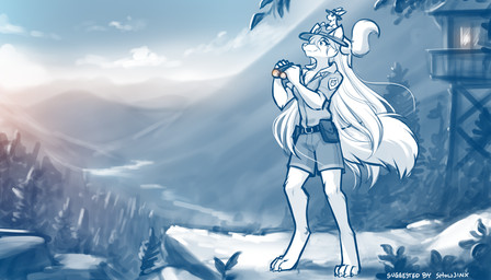 5_fingers ambiguous_gender anthro barefoot binoculars biped bottomwear breasts carrying_another chest_tuft claws clothed clothed_anthro clothed_female clothing digitigrade duo feet female feral fingers forest front_view fully_clothed fully_clothed_anthro fully_clothed_female fur hair hat headgear headwear holding_binoculars holding_object larger_anthro long_hair on_head outside park_ranger plant quadruped shorts size_difference smaller_feral smile standing tail toe_claws topwear tree tuft uniform conditional_dnp tom_fischbach twokinds mrs._nibbly raine_silverlock canid canine canis keidran mammal rodent sciurid tree_squirrel wolf 2025 7:4 digital_drawing_(artwork) digital_media_(artwork) hi_res monochrome sketch spot_color female_(lore)