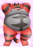 anthro bed belly black_body furniture kemono lying obese overweight red_body solo marumu_5656 nintendo pokemon generation_7_pokemon incineroar pokemon_(species) 2021 hi_res