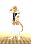 anthro bulge chiester clothing cosplay costume eyewear male mascot pose simple_background solo sunglasses 9x9 07th_expansion cheetos frito-lay umineko_when_they_cry when_they_cry chester_cheetah chiester_sister cheetah felid feline mammal hi_res