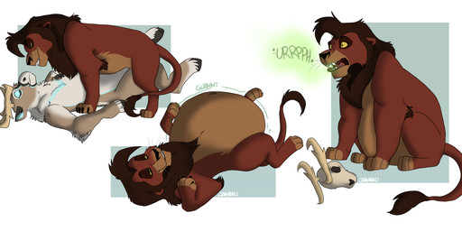 abdominal_bulge anthro bone burping death digestion digestion_noises duo feral imminent_death male male/male oral_vore rumbling_stomach skull vore chubbyjam disney the_lion_king cedarbou kovu_(the_lion_king) deer felid lion mammal new_world_deer pantherine reindeer absurd_res hi_res