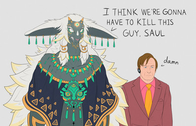 angry anthro brown_hair clenched_teeth clothed clothed_anthro clothed_human clothing duo ear_piercing fur grey_background grey_body grey_fur hair horn jewelry larger_anthro light_body light_skin long_hair male multi_eye necktie piercing side_by_side simple_background size_difference smaller_human standing suit talking_to_another teeth text white_hair wide_eyed isaacyote breaking_bad i_think_we're_gonna_have_to_kill_this_guy nintendo tears_of_the_kingdom the_legend_of_zelda rauru_(tears_of_the_kingdom) saul_goodman human mammal zonai 2023 crossover english_text half-length_portrait hi_res meme portrait