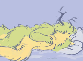 ambiguous_gender anthro bed cuddling duo fur furniture green_body hug nude on_bed pillow simple_background yellow_body yellow_fur laserbobcat cult_of_the_lamb massive_monster_(studio) leshy_(cult_of_the_lamb) yellow_cat_(cult_of_the_lamb) bagworm felid feline mammal 2025 colored digital_drawing_(artwork) digital_media_(artwork)