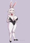 anthro big_breasts black_clothing black_footwear black_leotard black_nose black_shoes breasts bunny_costume clothing costume eyelashes fake_ears fake_rabbit_ears female footwear front_view fur hair holding_breast huge_breasts leotard looking_at_viewer purple_background red_eyes simple_background solo thick_thighs white_body white_fur white_hair wide_hips lemonbizate nine_sols red_candle_games heng_(nine_sols) felid feline mammal solarian absurd_res hi_res