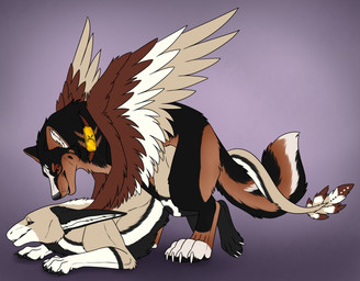 ambiguous_gender ambiguous_penetrated black_body black_eyes black_fur black_nose black_tail brown_body brown_fur brown_tail brown_wings collar duo ears_back feral feral_on_feral feral_penetrated feral_penetrating feral_penetrating_feral from_behind_position fur looking_pleasured male male/ambiguous male_penetrating male_penetrating_ambiguous orange_eyes penetration pivoted_ears red_collar sex side_view simple_background tail tan_body tan_fur tan_wings white_body white_fur white_tail white_wings wings killthe_demon kotei canid canine dutch_angel_dragon mammal hi_res