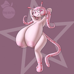 areola big_breasts breasts candy dessert female food hands_behind_head huge_breasts long_tail pink_areola pink_body polka_dots red_eyes sagging_breasts simple_background solo tail toonyjuice food_creature humanoid living_candy living_gum 1:1 absurd_res character_request hi_res shaded signature