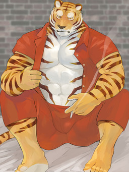 5_fingers 5_toes abs anthro black_body black_eyes black_fur black_stripes bottomwear brick_wall bulge cigarette clothed clothing feet fingers fur half-closed_eyes looking_at_viewer male muscular muscular_anthro muscular_male narrowed_eyes open_clothing open_shirt open_topwear orange_body orange_fur pants pawpads red_bottomwear red_clothing red_pants red_shirt red_topwear shirt sitting smoking solo striped_body striped_fur stripes toes topwear wall_(structure) white_inner_ear white_pawpads yellow_body yellow_fur yellow_sclera fug@9 back_to_the_dawn metal_head_games john_(bttd) felid mammal pantherine tiger 2024 3:4