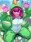 anthro breasts claws clothed clothed_anthro clothed_female clothing female female_anthro finger_claws hair looking_at_viewer onesie open_mouth pajamas sharp_teeth sitting solo teeth tongue wariza liet4649 deltarune undertale_(series) susie_(deltarune) reptile scalie 2025 chromatic_aberration digital_media_(artwork) hi_res