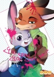 2016 anthro canid canine clothed clothing comic cover disney dogear218 duo embrace english_text eyes_closed female fox gesture green_eyes hand_gesture hug judy_hopps lagomorph leporid looking_at_viewer male mammal nick_wilde pointing pointing_at_viewer purple_eyes rabbit red_fox simple_background text true_fox zootopia