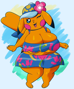anthro baseball_cap beach_wear big_breasts breasts cleavage clothed clothing ears_down female flower_on_head hat headgear headwear heart_tail huge_breasts looking_at_viewer one_eye_closed open_mouth open_smile pivoted_ears smile solo tail thick_thighs under_boob wide_hips wink winking_at_viewer someth1ngoranother nintendo pokemon pokemon_winds_and_waves ms._wavychu generation_1_pokemon pikachu pokemon_(species) absurd_res hi_res