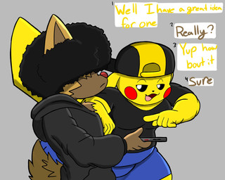 5_fingers afro anthro asking asking_another backwards_hat black_clothing black_hair black_hoodie black_sclera black_shirt black_topwear blue_bottomwear blue_clothing blue_pants bottomwear brown_body brown_fur cellphone clothed clothed_anthro clothed_male clothing dialogue duo electronics fingers fur gesture hair hair_over_eyes hand_gesture hat headgear headwear holding_cellphone holding_object holding_phone holding_smartphone hoodie looking_at_another male mouth_closed narrowed_eyes open_mouth pants phone pink_tongue pointing red_nose shirt smartphone tail talking_to_another text tongue topwear white_eyes yellow_body yellow_fur hyenakenisis nintendo pokemon ty_kenisis generation_1_pokemon generation_3_pokemon pikachu pokemon_(species) poochyena english_text hi_res