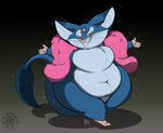 3_eyes anthro blue_body blue_fur boa_(clothing) boa_only buckteeth crossed_legs feather_boa female fur looking_aside multi_eye navel nude overweight overweight_anthro overweight_female pink_boa presenting short_stack smile smug solo spread_arms tail tail_tuft teeth tuft whiskers dino.d.dice battu alien mammal rodent 2020