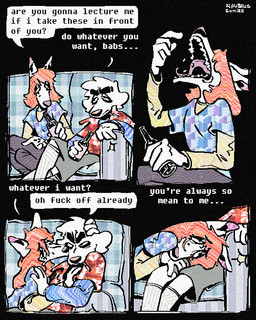 4_panel_comic alcohol aloha_shirt annoyed anthro beer beer_bottle beverage bottle cigarette cigarette_in_mouth clothing container dialogue drugs duo female floppy_ears hair half-closed_eyes male markings mole_(marking) narrowed_eyes object_in_mouth open_mouth orange_hair pattern_clothing pattern_shirt pattern_topwear shirt smoking_tobacco speech_bubble text topwear rawdawgcomics babs_(rawdawgcomics) stahli_(rawdawgcomics) bird_dog canid canine canis domestic_dog golden_retriever hunting_dog mammal retriever 4:5 comic english_text hi_res trans_(lore) trans_woman_(lore)