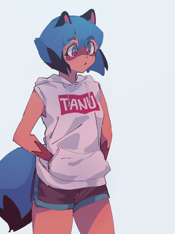 alternate_costume anthro biped blue_hair bottomwear clothed clothing dipstick_tail dolphin_shorts facial_markings female gloves_(marking) hair hand_in_pocket head_markings hoodie kemono markings mask_(marking) orange_body pockets short_hair shorts sleeveless_clothing sleeveless_hoodie solo tail tail_markings text text_on_clothing text_on_hoodie text_on_topwear topwear white_clothing white_hoodie white_topwear i4_kan brand_new_animal studio_trigger michiru_kagemori canid canine mammal raccoon_dog tanuki 2020 3:4 digital_media_(artwork) portrait three-quarter_portrait