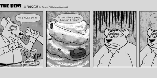 anthro belly clothing dialogue duo food male overweight overweight_male shirt text topwear worried barnem mammal murid murine rat rodent 2025 comic english_text hi_res monochrome