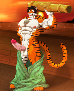 anthro balls big_muscles big_penis biped black_hair blush cannon cloth detailed_background erection fur genitals hair hand_on_hip huge_muscles hyper hyper_muscles jewelry male muscular muscular_anthro muscular_male navel nipples open_mouth orange_body orange_fur outside pendant penis ranged_weapon solo striped_body striped_fur stripes sunset tail towel vein water weapon white_body white_fur yellow_eyes croiyan hashim_(character) felid mammal pantherine tiger hi_res