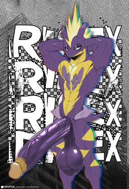 abs anthro athletic athletic_anthro athletic_male balls biceps big_penis calf_muscles genitals half-closed_eyes hands_behind_head huge_penis hyper hyper_genitalia hyper_penis long_penis male markings mohawk narrowed_eyes pecs penis purple_body quads saggy_balls short_tail solo spikes spikes_(anatomy) tail text vein veiny_penis yellow_body vikifox nintendo pokemon amped_toxtricity generation_8_pokemon pokemon_(species) toxtricity english_text