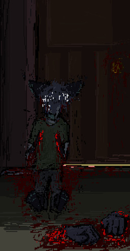 against_door against_surface amputation anthro barefoot blood blue_body blue_fur bodily_fluids bottomwear clothing crying detailed_background door feet fur gore green_clothing green_shirt green_t-shirt green_topwear grey_bottomwear grey_clothing grey_pants male pants sad shirt sitting solo t-shirt tears topwear demensa emil_(demensa) canid canine canis coyote domestic_dog mammal 2018 digital_media_(artwork) pixel_(artwork)