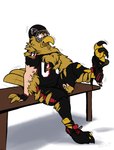 american_football_uniform anthro armor bench bottomwear broken_helmet cleats clothing feathers feet fingerless_gloves football_gear football_helmet football_jersey football_pants football_player footwear gloves growth handwear headgear helmet human_to_anthro jersey male mascot pants simple_background sitting socks solo species_transformation tail tail_growth talons toes torn_clothing transformation white_background yellow_body yellow_feathers binturongboss atlanta_falcons nfl freddie_falcon pheagle avian bird 2023 absurd_res hi_res