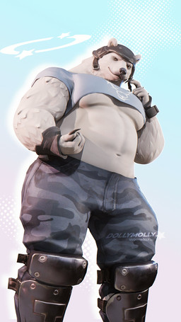abs anthro armor barazoku biceps biped black_nose bottomwear camo camo_bottomwear camo_clothing camo_pants camo_print clothing crop_top fur headgear helmet low-angle_view male muscular muscular_anthro muscular_male navel pants pattern_bottomwear pattern_clothing pattern_pants pecs shirt smile solo topwear white_body white_fur dollymolly323 arca_(musician) epic_games fortnite polar_patroller bear mammal polar_bear ursine 2023 3d_(artwork) 4k 9:16 absurd_res blender_(artwork) digital_media_(artwork) hi_res